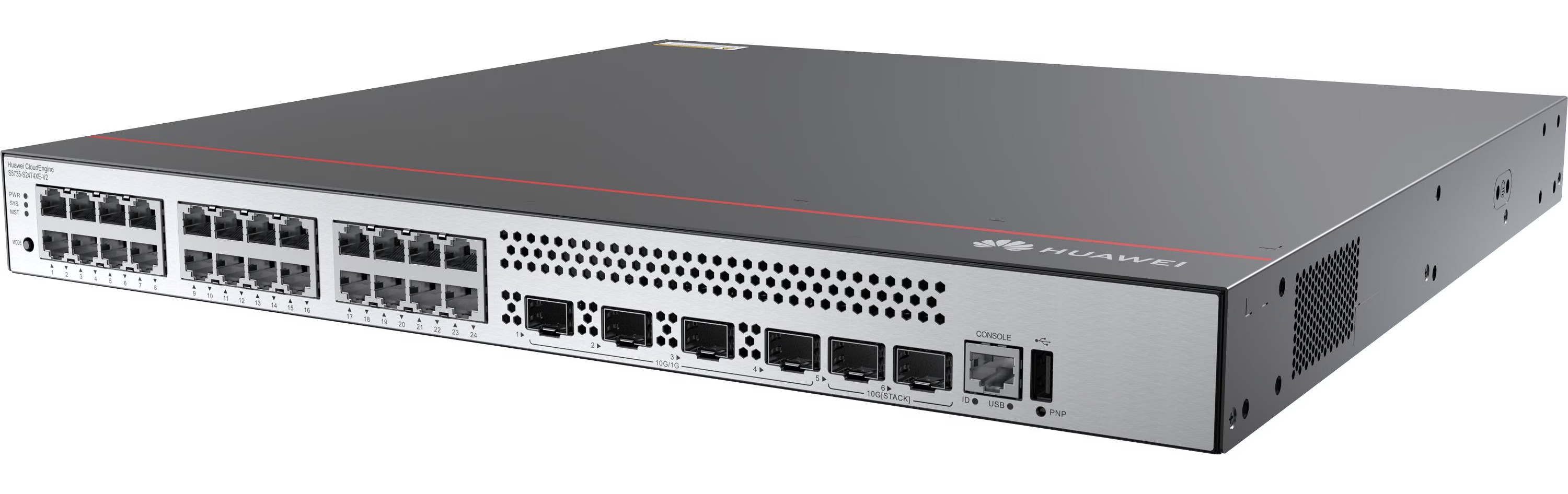 HUAWEI CloudEngine S5735-S24P4XE-V2 (24x10/100/1000BASE-T ports, 4x10GE SFP+ ports, 2x12GE stack ports, PoE+, 2x600W AC&240V DC Power Module